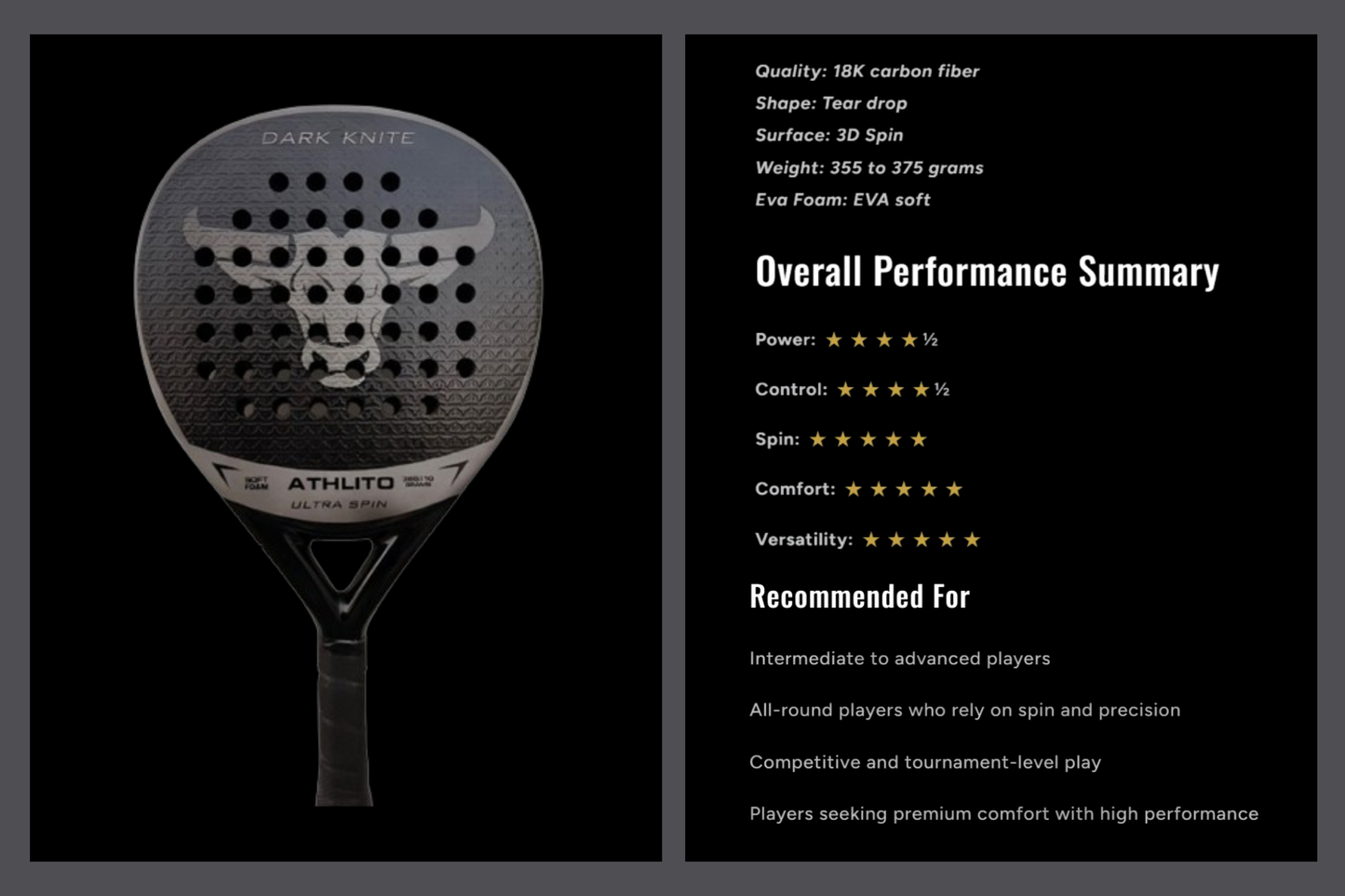 Athlito Dark knite 18K Carbon Padel Racket 2026